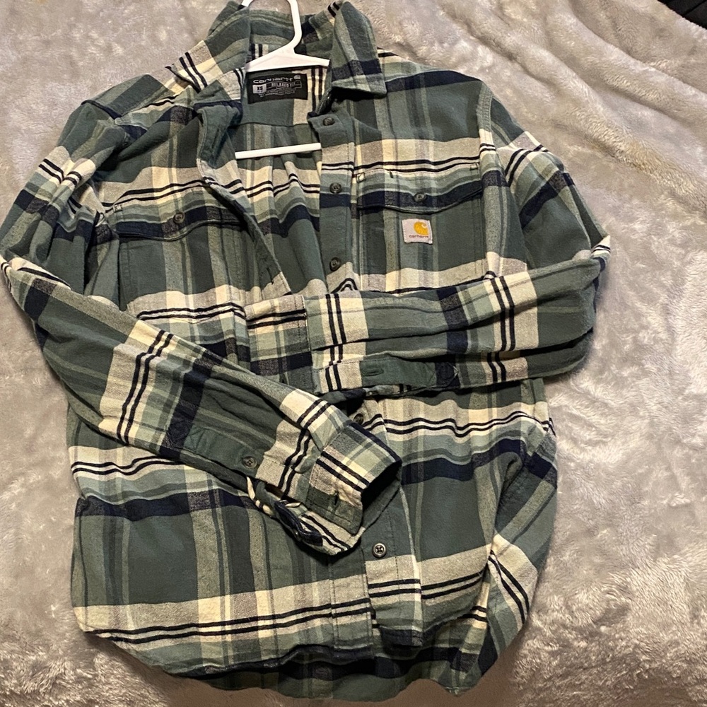 Carhartt Men's Green and Cream Plaid Flannel Shirt